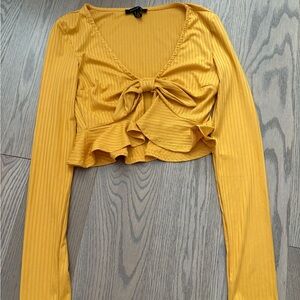 Revamped Gold Ribbed Tie Front Crop Blouse